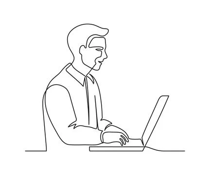Man work on laptop, continuous one line drawing. Learning or business on Stock Illustration
