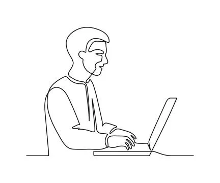 Man work on laptop, continuous one line drawing. Learning or business on Stock Illustration