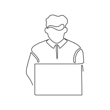 Man work on laptop, continuous one line drawing. Learning or business on Stock Illustration
