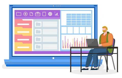 Man Work on Laptop, Graphics on Computer Desktop 스톡 일러스트