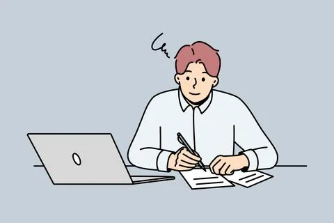 Man work on laptop make notes on paper Stock Illustration