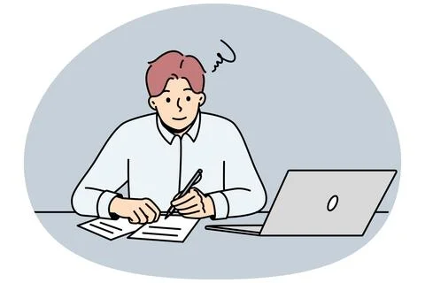 Man work on laptop make notes on paper Illustrazione stock