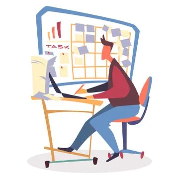 Man Work on Laptop near Task Board with Stickers Illustrazione stock