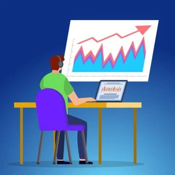 Man Work on Laptop at Office, Data Chart on Board 스톡 일러스트