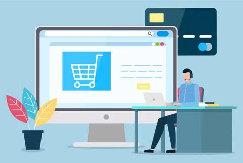 Man Work on Laptop, Website for Online Shopping Stock Illustration