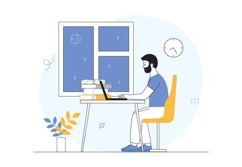 Man work late. Guy sits at workplace at night. Overworked employee in office Stock Illustration
