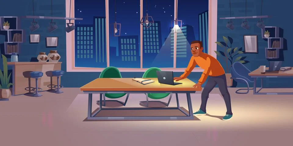 Man work late until night in office 스톡 일러스트
