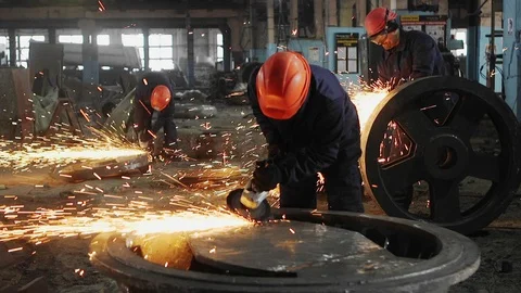 Man work with Metal processing factory. Sparks. Stock Footage 105466536
