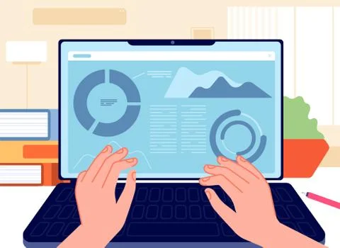 Man work notebook. Marketing interface laptop, making report on office computer Illustrazione stock