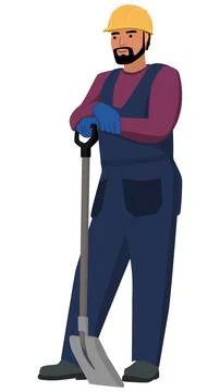 Man in work overalls and hard hat stands leaning on shovel, isolated on white Stock Illustration