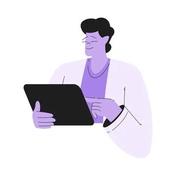 Man Work with Text Editing and Writing Article with Tablet Vector Illustration Stock Illustration