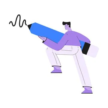 Man Work with Text Editing and Writing Article with Huge Pencil Vector Stock Illustration