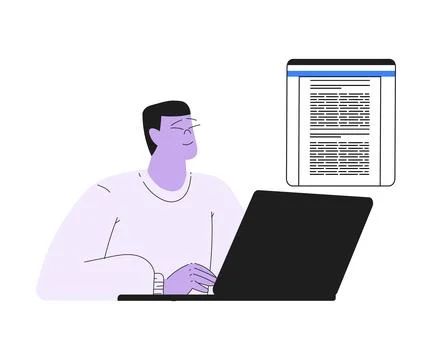 Man Work with Text Editing and Writing Article on Laptop Vector Illustration Stock Illustration