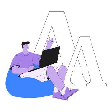 Man Work with Text on Laptop Editing and Writing Article Vector Illustration Stock Illustration