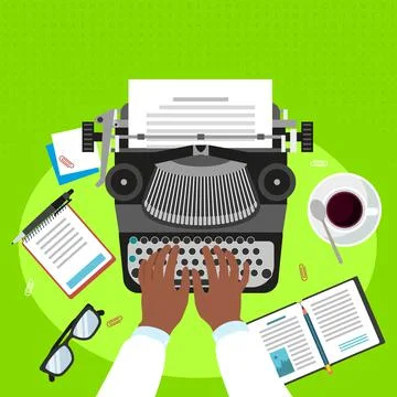Man work typewriter concept background, flat style Stock Illustration