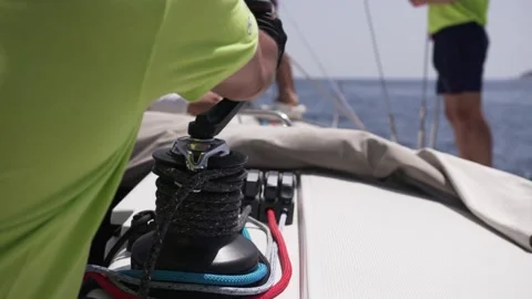 Man work with winch on the yacht Stock Footage 196810484