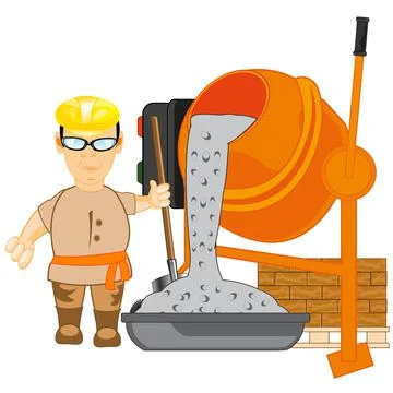 Man worker builder beside concrete mixers with shovel Stock Illustration