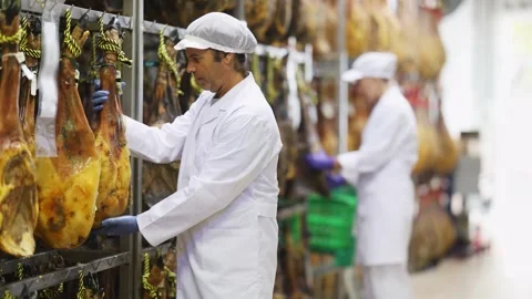 Man worker checks the hanging ham in a factory. Technologist controls the Stock Footage 344836354
