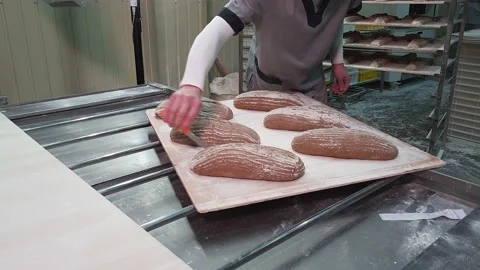 Man worker cut a loaves of rye bread before put in the oven on a conveyor belt. Stock Footage 166360107