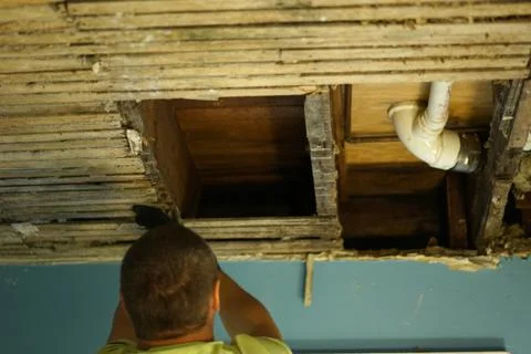 A man, worker looking at broken ceiling. Stock Photos