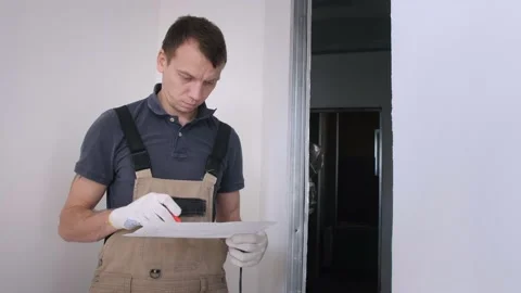 Man worker makes notes with red marker on renovation plan Stock Footage 151784245