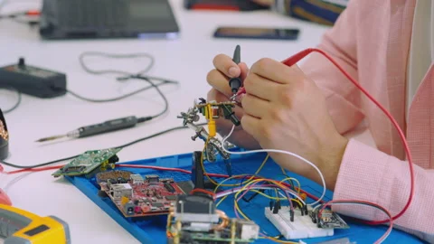 Man Worker with Multimeter Measuring Instrument in Office. Close Up Stock Footage 244203549