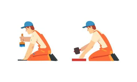 Man Worker in Orange Overall and Blue Cap Painting with Brush and Hammering 스톡 일러스트