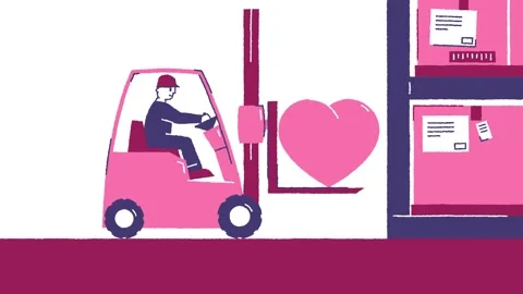 Man worker on pink electric forklift takes pink heart from shelf Stock Footage 333273691