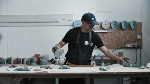 Man worker preparing instruments for carpentry work Stock Footage 157032083
