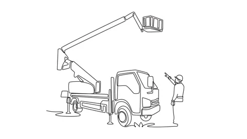 Man worker in safety gear pointing up at hydraulic lift truck Stock Footage 342801575