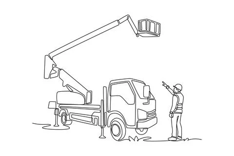 Man worker in safety gear pointing up at hydraulic lift truck Stock Illustration