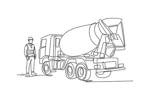 Man worker standing beside a large cement mixer truck Stock Illustration