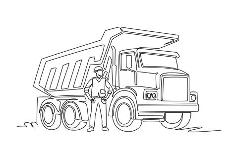 Man worker standing proudly beside a heavy dump truck vehicle Иллюстрация