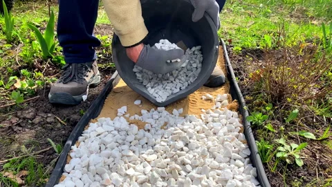 Man worker strewing white decorative split gravel, stones,rocks on path,road,wal Stock Footage 300803081