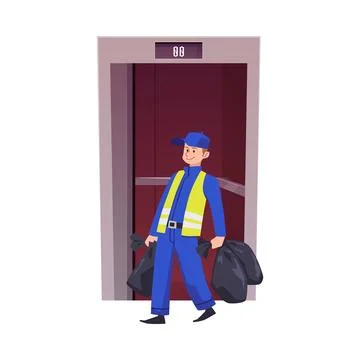 Man worker in uniform exits elevator with trash bags vector flat illustration Stock Illustration