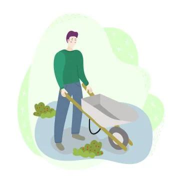 Man worker worker holding a wheelbarrow on the field. Season agriculture harvest Stock Illustration