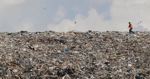 Man worker works on huge garbage hill on city dump in non recycling country. Stock Footage 113072804