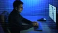 The man working with a 3d modeling over the virtual screen. evening night time 4k or 4k+ Resolution