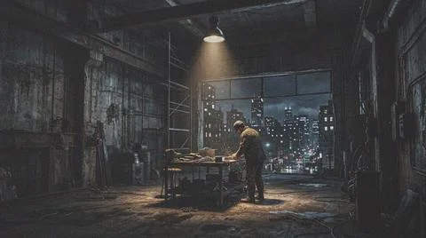 Man working alone in dark warehouse. Fotos Stock