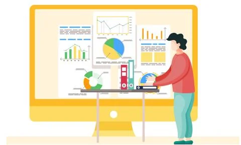 Man working and analyzing financial statistics. The guy is standing next to the Stock Illustration