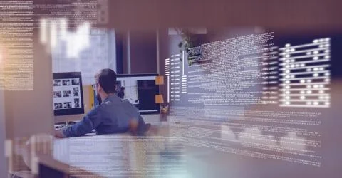 Man working and screen text interface Stock Photos