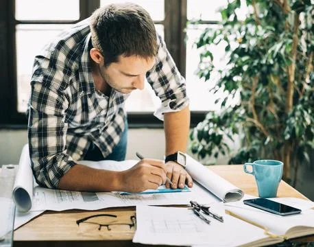 Man working on architectural project Stock-Fotos