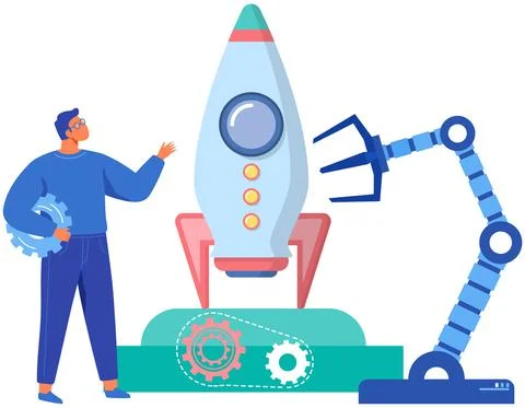 Man working with artificial intelligence for startup development. Robotic arm Stock Illustration