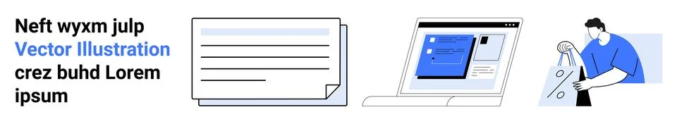 Man working on a blueprint, digital document, and laptop with organized inter Stock Illustration