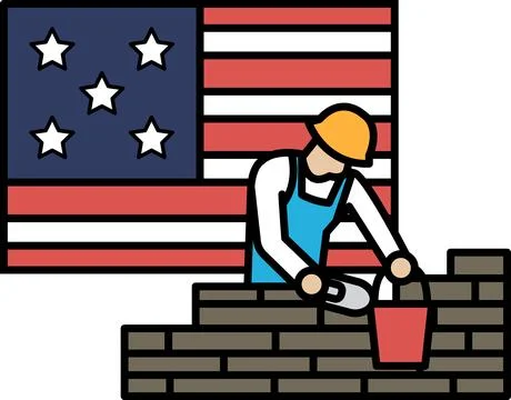 A man is working on a brick wall in front of an American flag Stock Illustration