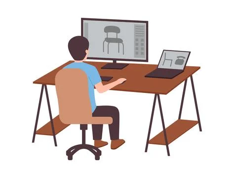 Man working on chair design at his computer. Illustrazione stock