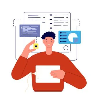 Man working with charts. Analytics or developer, professional geek and coder Stock Illustration
