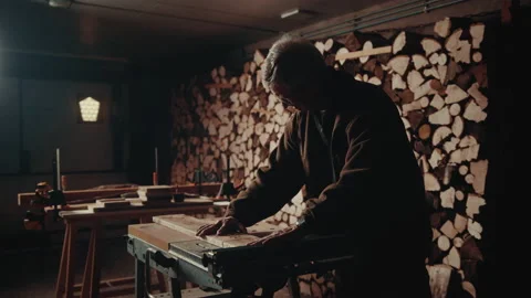 Man working with a circular saw cutting wood in straight line in his cellar 스톡 동영상 139755351
