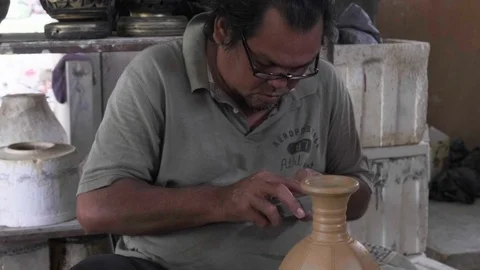 Man Working At Clay Pottery Workshop Stock Footage 125581749
