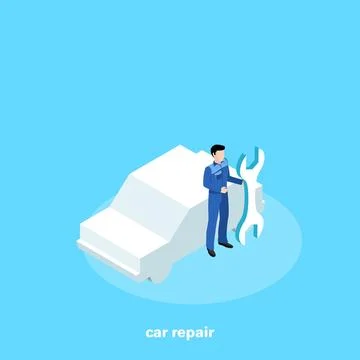A man in working clothes with a tool in his hand is standing next to the car, Stock Illustration